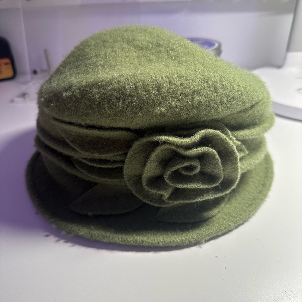 Olive Green Wool Hat with Floral Accent